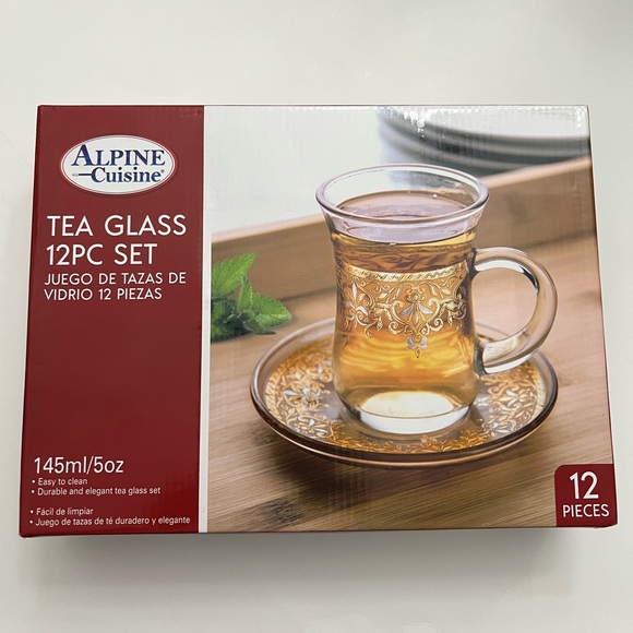 Alpine Cuisine Tea Glass Set With Saucer Gold/Green Design 12 Pc - Picture 2 of 16